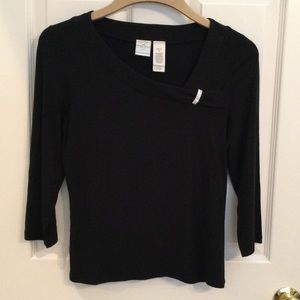 Emma James Black top with Rhinestone accent side swoop neck- see Detail